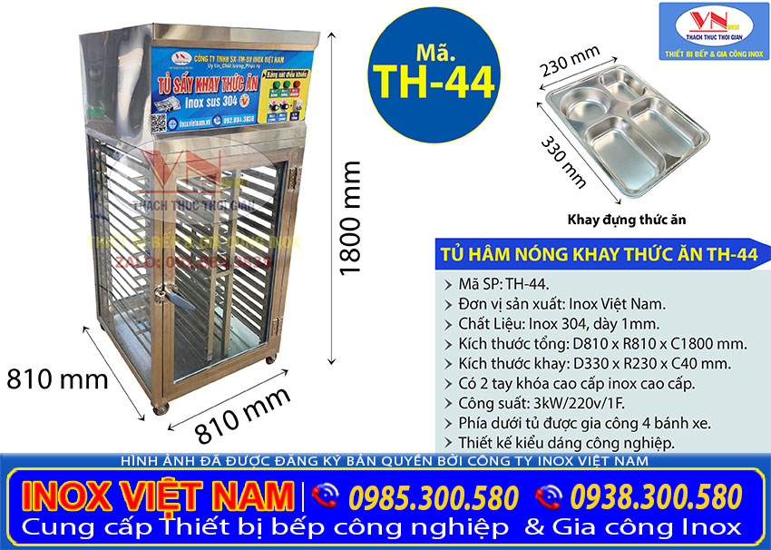 tu ham nong khay inox TH 44 2 - Tủ Sấy Khay Thức Ăn Inox Tiệt Trùng TH-44